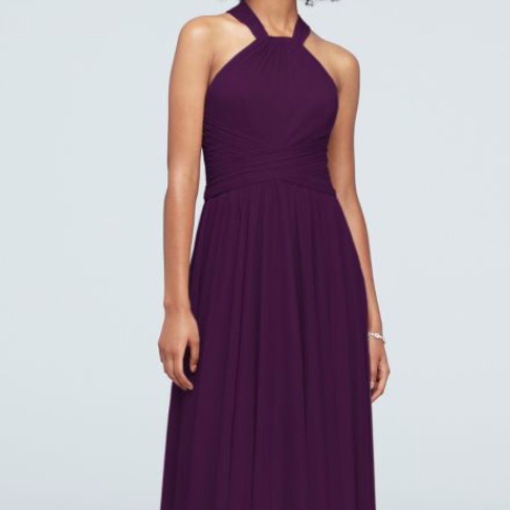 NWT David's Bridal Long Mesh Halter Bridesmaid Dress in Plum
